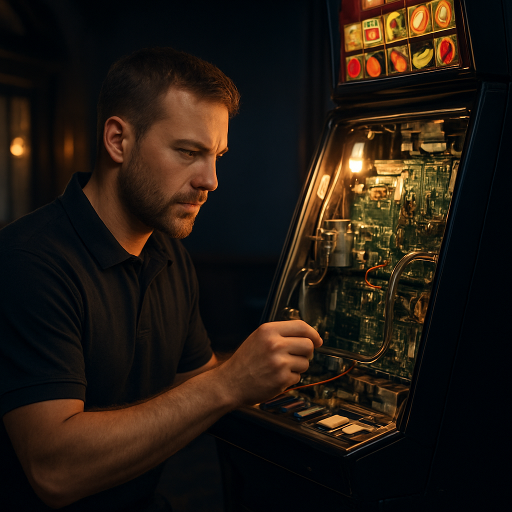 Gaming machine engineer repairing the open back panel of a slot machine in a pub